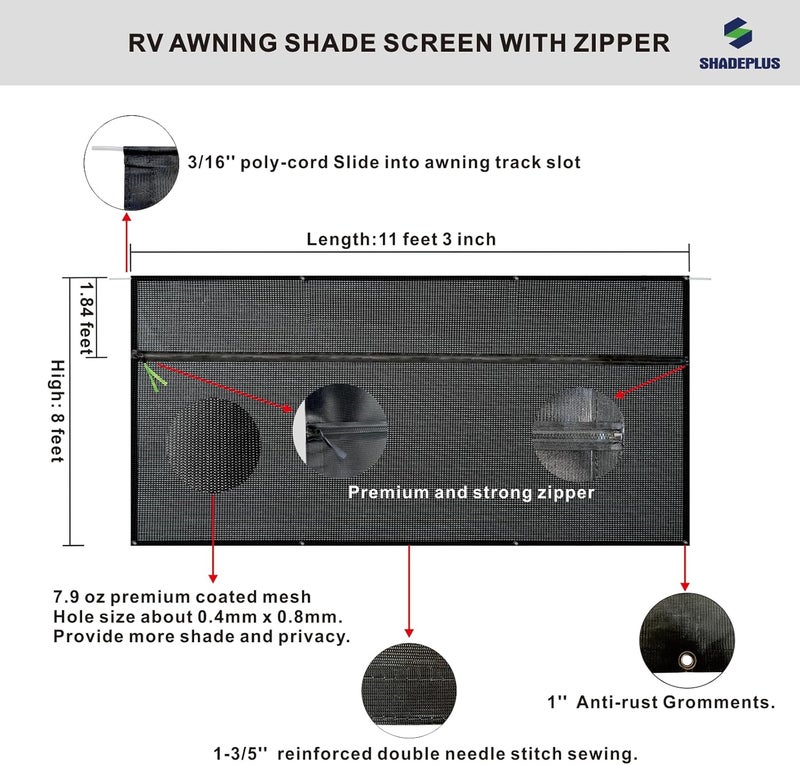 SHADEPLUS RV Awning Sun Shade Screen 8'x11'3''(Fit for 12' Awning),Black Mesh Shade Screen with Zipper,Universal Trailer Camper Awning Screen with Complete Kits,Improves Shadow and Privacy. - Image 2
